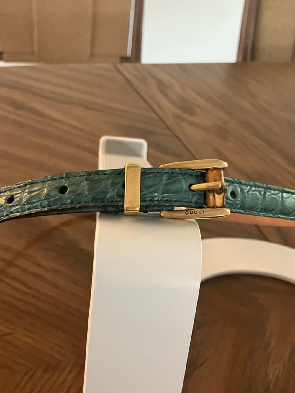 Gucci Teal Croc-Embossed Leather Belt with Gold-Tone Buckle